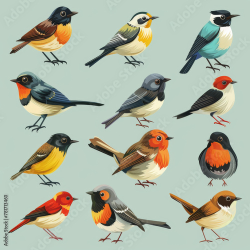 A series of vibrant, stylized illustrations of various species of birds in multiple poses.