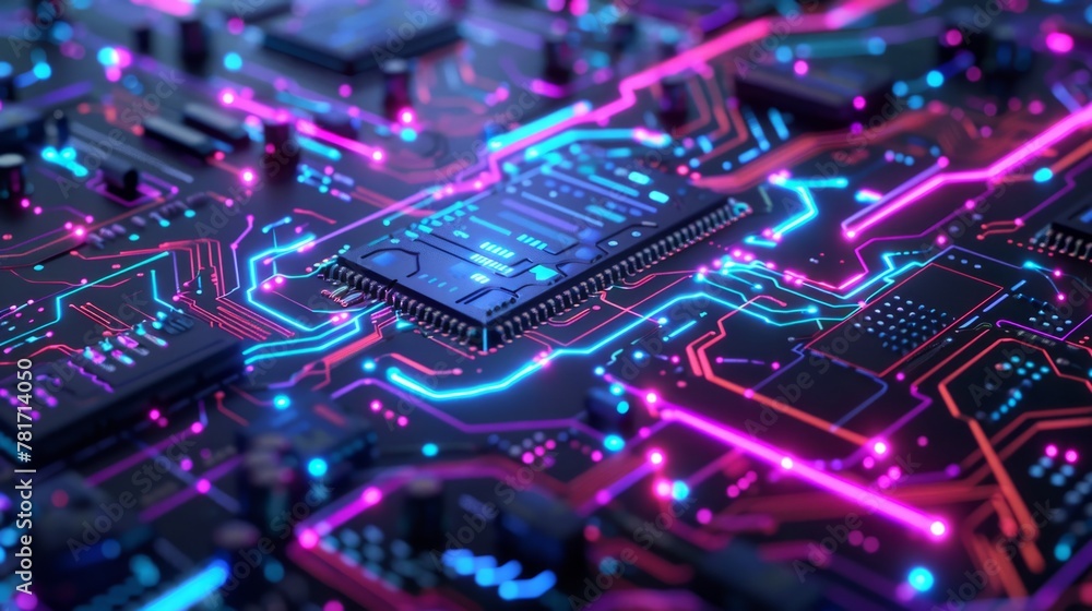 Fototapeta premium image of computer microchip with blue and violet neon lights. generative ai