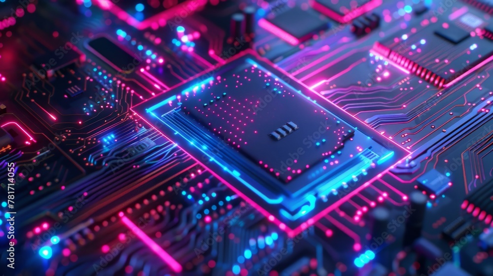 image of computer microchip with blue and violet neon lights. generative ai image of computer microchip with blue and violet neon lights. generative ai