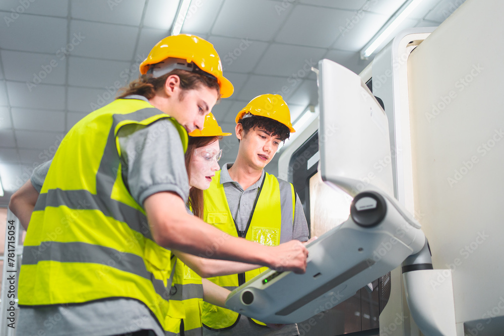 Professional engineering or technician team work on PLC Control panel CNC machine to control the efficiency of robotic machinery. Expertise helping to maintenance, programming, and improving equipment Professional engineering or technician team work on PLC Control panel CNC machine to control the efficiency of robotic machinery. Expertise helping to maintenance, programming, and improving equipment