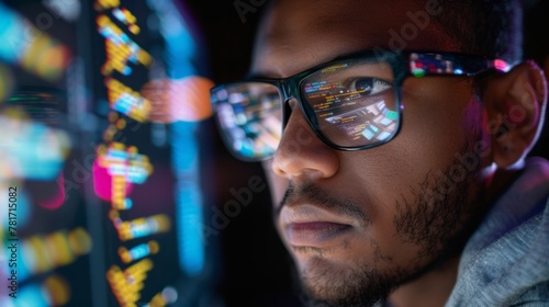 software developer wearing glasses, looking at computer screen developing code generative ai