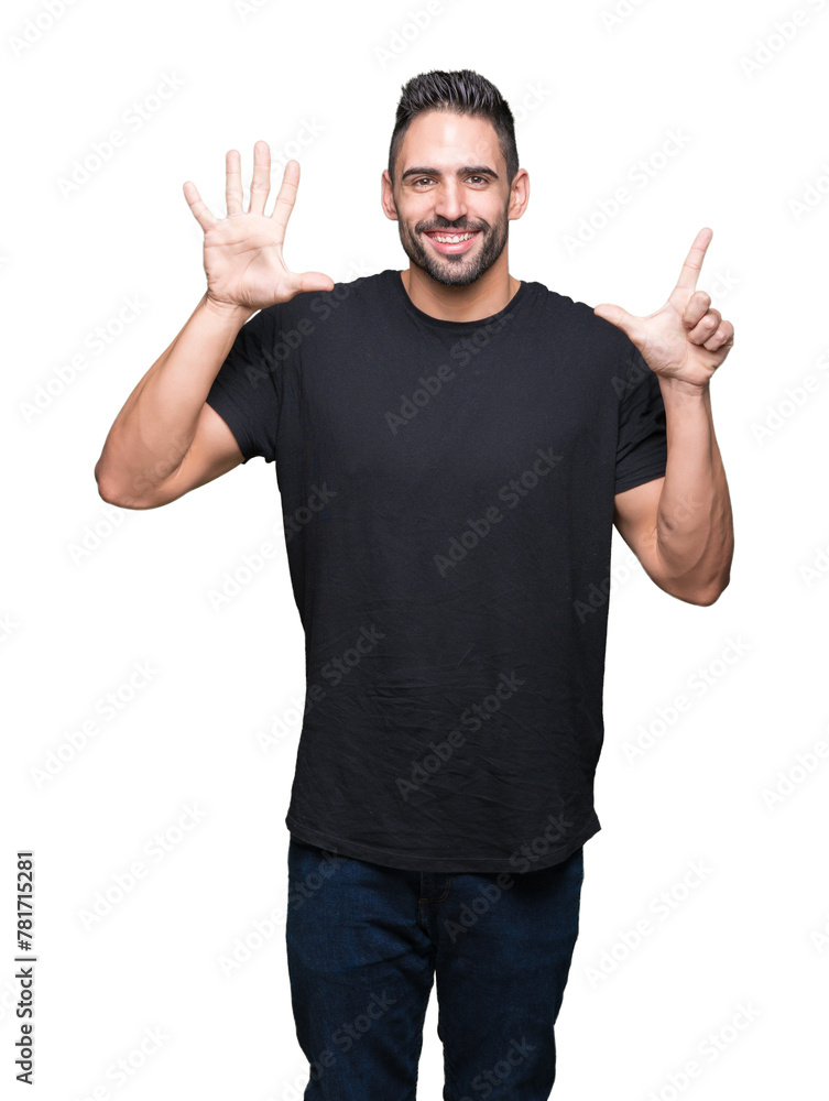 Young handsome man over isolated background showing and pointing up with fingers number seven while smiling confident and happy. Young handsome man over isolated background showing and pointing up with fingers number seven while smiling confident and happy.