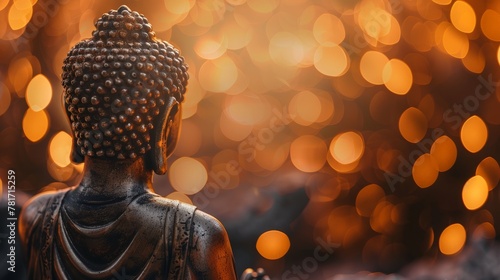 Back side of meditating Buddha statue. Bokeh background. Warm colors.
