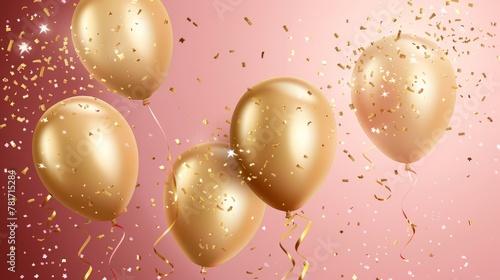 Background vector with festive realistic balloons with ribbon. Celebratory design with gold colored balloons on pink strewn with glittering confetti.