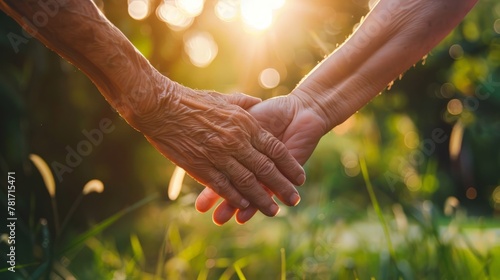 Caregiver, carer hand holding elder hand with blurred nature background. Philanthropy kindness to disabled old people concept.