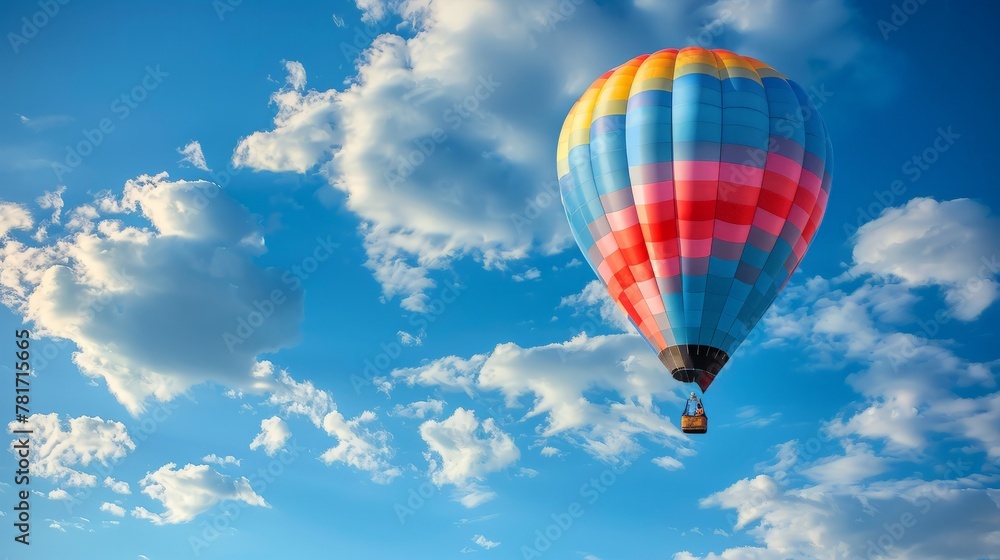 Fototapeta premium Colorful hot air balloon flying over blue sky with white clouds