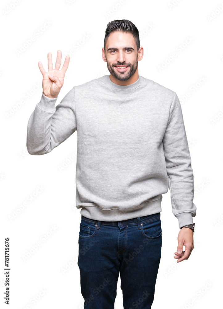 Naklejka premium Young handsome man wearing sweatshirt over isolated background showing and pointing up with fingers number four while smiling confident and happy.