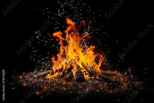 burning bonfire with crackling flames and flying sparks isolated on black background camping and outdoor recreation concept cutout