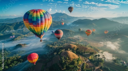 Colorful hot air balloons flying over mountain at Dot Inthanon photo