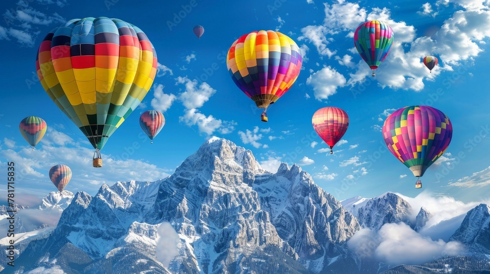 Obraz premium Colourful hot air balloons flying over the mountain