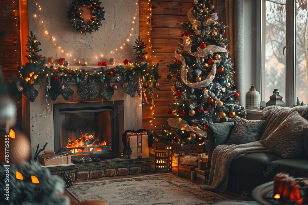 cozy living room interior with burning fireplace decorated christmas tree garlands and festive ornaments holiday season background