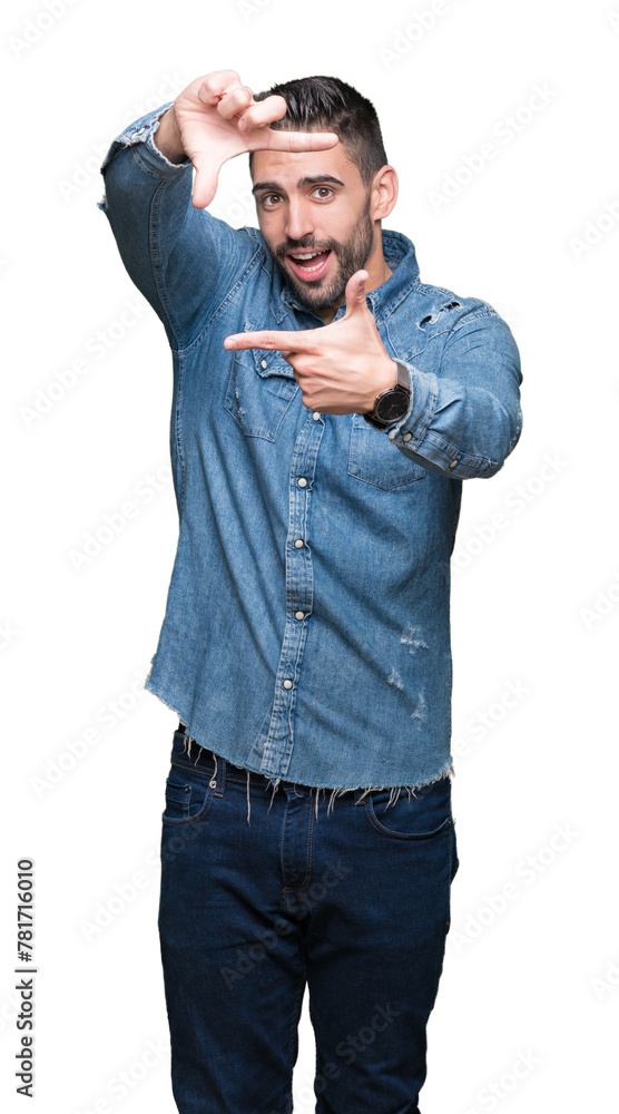 Young handsome man over isolated background smiling making frame with hands and fingers with happy face. Creativity and photography concept. Young handsome man over isolated background smiling making frame with hands and fingers with happy face. Creativity and photography concept.