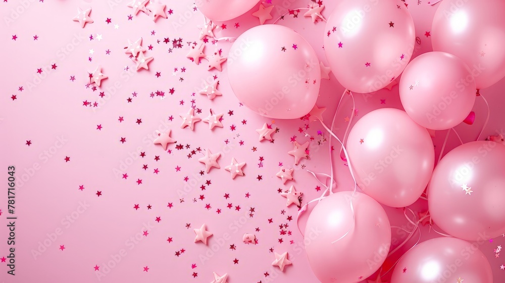 Festive pink background. Shining stars and balloons on light pink pastel background. Christmas. Wedding. Birthday.