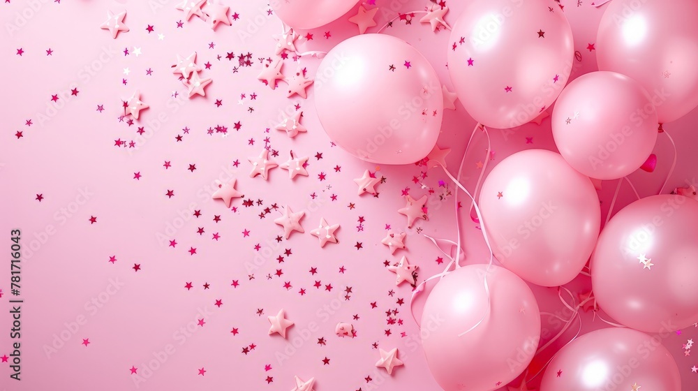 Festive pink background. Shining stars and balloons on light pink pastel background. Christmas. Wedding. Birthday. Festive pink background. Shining stars and balloons on light pink pastel background. Christmas. Wedding. Birthday.