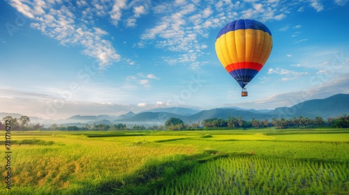 hot air balloon over the green paddy field. Composition of nature and blue sky background © chanidapa