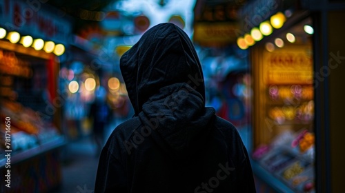 A mysterious figure in a hooded cloak stands in front of a boardedup candy booth back to the camera as they seem to search for . . photo