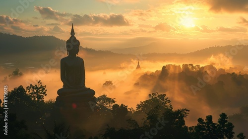 silhouette of big buddha in a standing position with the mist and sunlight morning