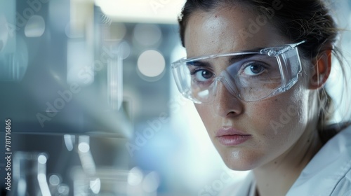 The serious and focused expression of a scientist her furrowed brow hinting at the complexities of her job as she conducts research in her laboratory. .