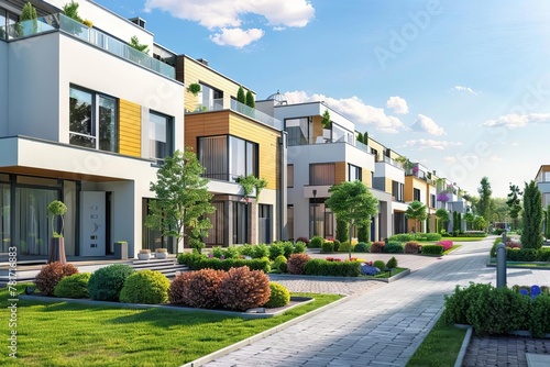modern contemporary generic residential buildings exterior in a suburban neighborhood real estate and housing market concept 3d illustration © furyon