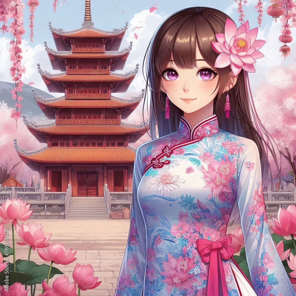 Fototapeta premium Vietnam Student with ao dai, Vietnam women with ao dai Vietnam, comic