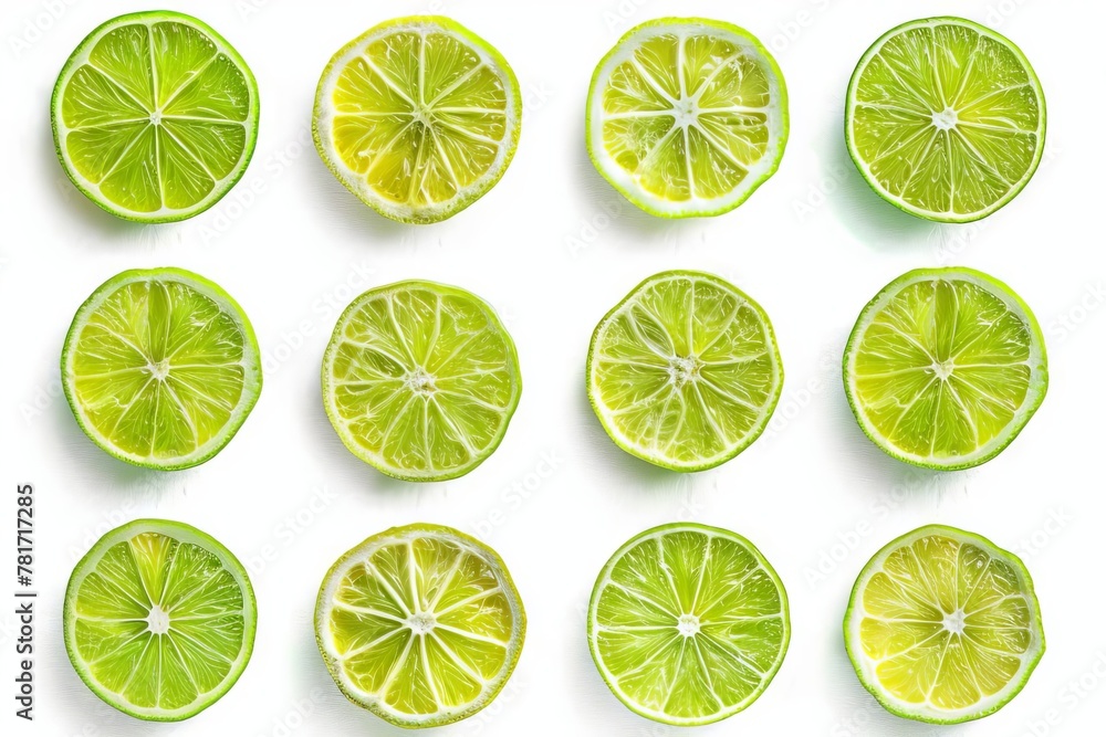 sliced limes arranged in a set fresh citrus fruits isolated on white background food photography