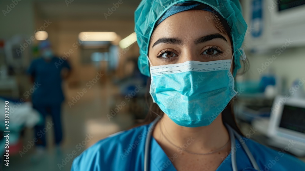 Young female nurse at camera wearing surgical mask and scrubs Young female nurse at camera wearing surgical mask and scrubs