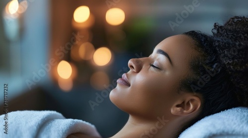 A profile shot of a client lying on a massage table their eyes closed and an expression of pure relaxation noticeable on their face. The photo captures the mindbody connection often .