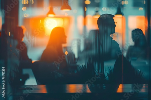 silhouettes of diverse people collaborating and working together in a blurred coworking office space teamwork and cooperation concept toned image photo