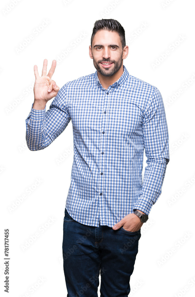 Young handsome man over isolated background showing and pointing up with fingers number three while smiling confident and happy. Young handsome man over isolated background showing and pointing up with fingers number three while smiling confident and happy.