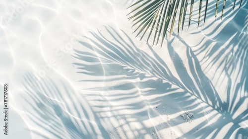 Shadow of palm leaves on white sand beach generative ai
