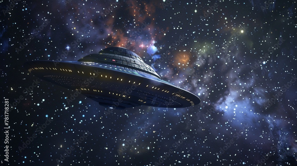 UFO spacecraft in deep space with stars UFO spacecraft in deep space with stars