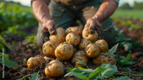farmer show his organic potato harvest at field.