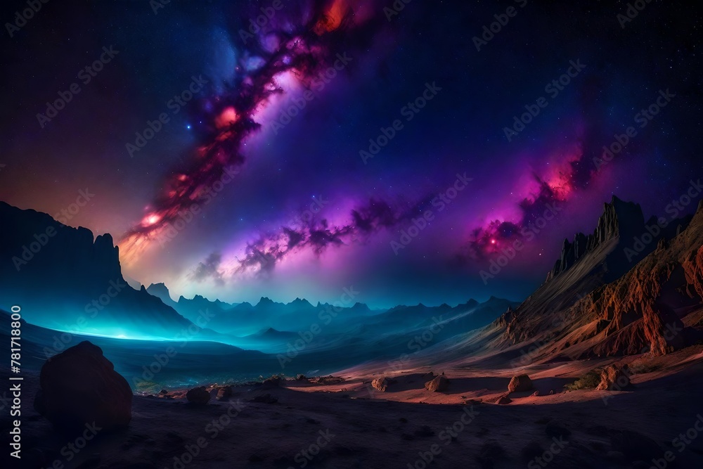 A Spectacular Exploration of an Alien Landscape Captured in High Definition. Behold a Fantastical Night Sky Adorned with Vivid Galaxies and Nebulae, Amidst Glowing Flora and Enigmatic Rock Formations,