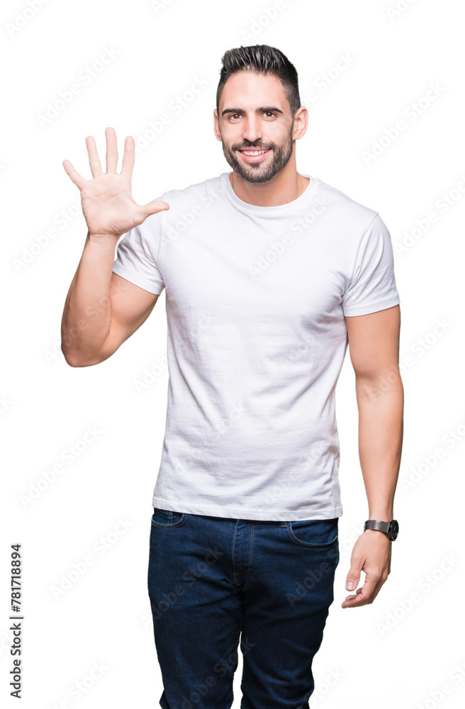 Young man wearing casual white t-shirt over isolated background showing and pointing up with fingers number five while smiling confident and happy. Young man wearing casual white t-shirt over isolated background showing and pointing up with fingers number five while smiling confident and happy.