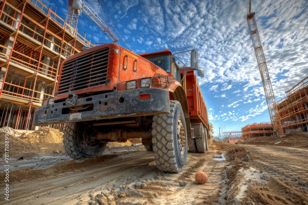 A dump truck is driving down a dirt road in front of construction site, Generative