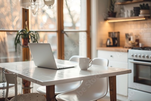 A kitchen with a laptop on a table in front of a window, Generative AI © BOONJUNG