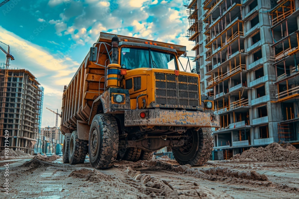 A dump truck is driving down a dirt road in front of construction site, Generative A dump truck is driving down a dirt road in front of construction site, Generative