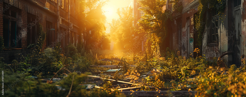 Nature reclaims urban landscape, overgrown buildings, lush greenery intertwined with concrete, wildlife roaming freely in abandoned streets 3D Render, Golden Hour, Silhouette Lighting