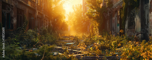Nature reclaims urban landscape  overgrown buildings  lush greenery intertwined with concrete  wildlife roaming freely in abandoned streets 3D Render  Golden Hour  Silhouette Lighting