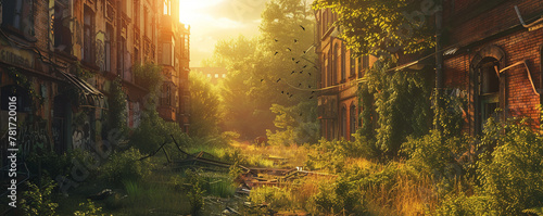 Nature reclaims urban landscape, overgrown buildings, lush greenery intertwined with concrete, wildlife roaming freely in abandoned streets 3D Render, Golden Hour, Silhouette Lighting photo