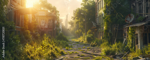 Nature reclaims urban landscape, overgrown buildings, lush greenery intertwined with concrete, wildlife roaming freely in abandoned streets 3D Render, Golden Hour, Silhouette Lighting photo