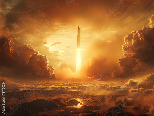 Rocket launch, Mars rover, new planet exploration, stormy weather on the horizon, 3D render, dramatic silhouette lighting effect