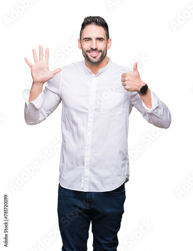 Young business man over isolated background showing and pointing up with fingers number six while smiling confident and happy.