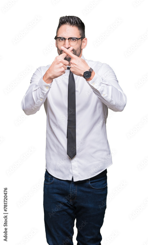 Young handsome business man wearing glasses over isolated background Rejection expression crossing fingers doing negative sign Young handsome business man wearing glasses over isolated background Rejection expression crossing fingers doing negative sign