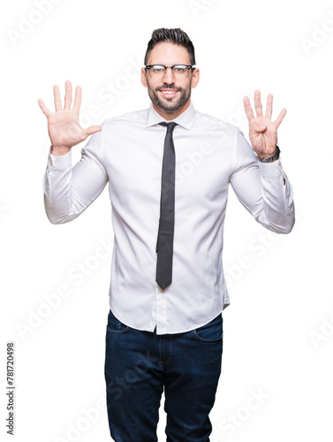 Young handsome business man wearing glasses over isolated background showing and pointing up with fingers number nine while smiling confident and happy.