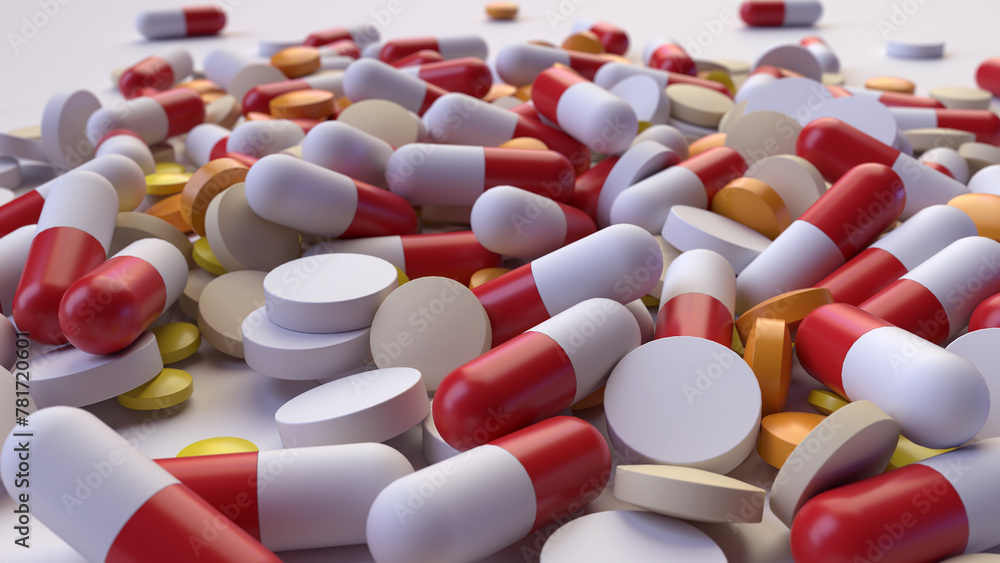 Assorted medication pills scattered on a floor 3D rendering. Assorted medication pills scattered on a floor 3D rendering.