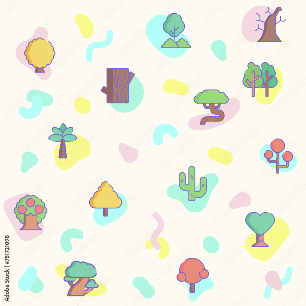 Vector illustration of a cute trees and plant. Collection of nature, park, green, forest, wood, landscape, pine tree, tropical and other elements. Isolated on beige.