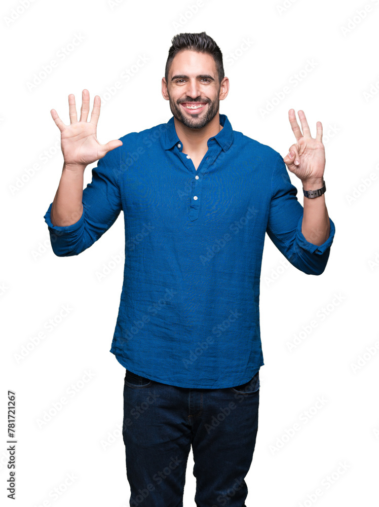 Young handsome man over isolated background showing and pointing up with fingers number eight while smiling confident and happy. Young handsome man over isolated background showing and pointing up with fingers number eight while smiling confident and happy.