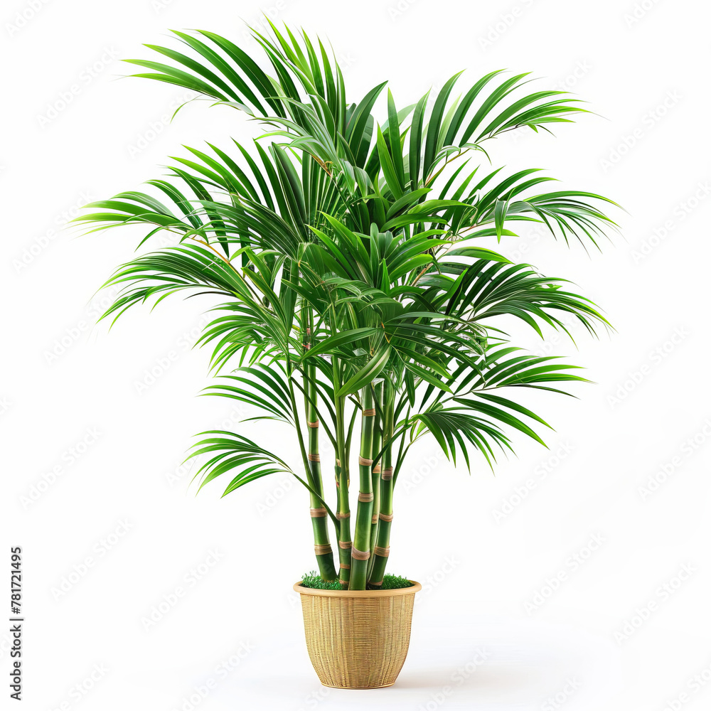 An elegant, lush potted palm plant with vibrant green leaves, isolated on a white background. An elegant, lush potted palm plant with vibrant green leaves, isolated on a white background.