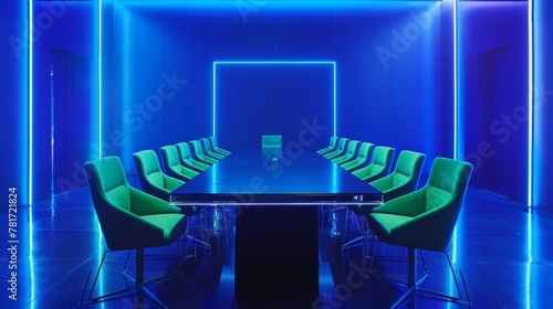 In the center of the room a sleek and modern dining table is surrounded by chairs in shades of neon green and blue. The walls are painted in a deep midnight blue providing the perfect .